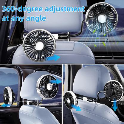 USB Car Back Seat Fan with Light, 3-Speed Cooling for Vehicle