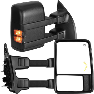 Towing Mirrors Side Mirror , Power Heated Manual Telescoping Foldable Arrow LED Turn Signal Light Amber/Smoke