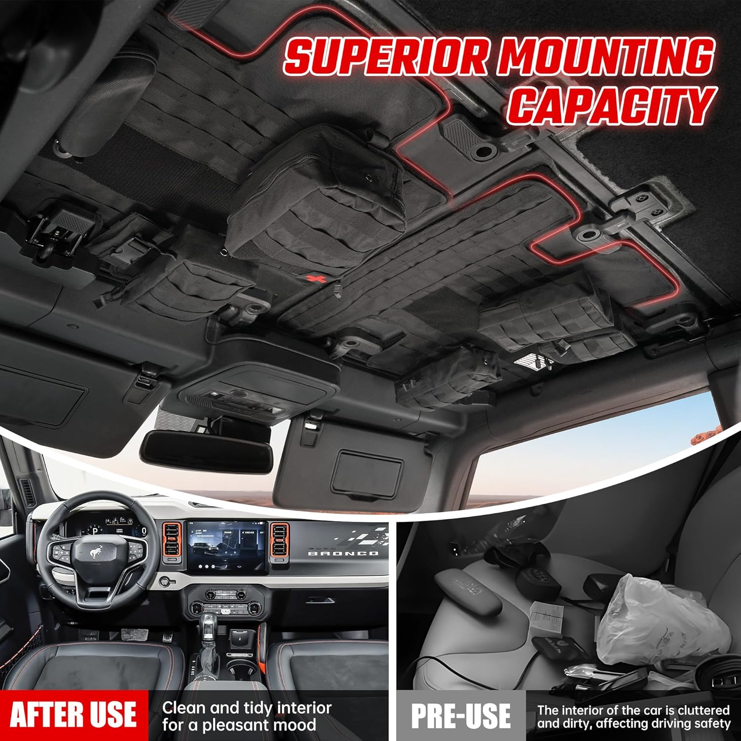Roof Liner Organizer Overhead Storage Jacket Overhead Car Organizer Car Headliner Storage Organizer For Ford Bronco 2021 2022 2023 2024 2/4 Doors Roof Tactical Vest Accessories With 5 Molle Pouch