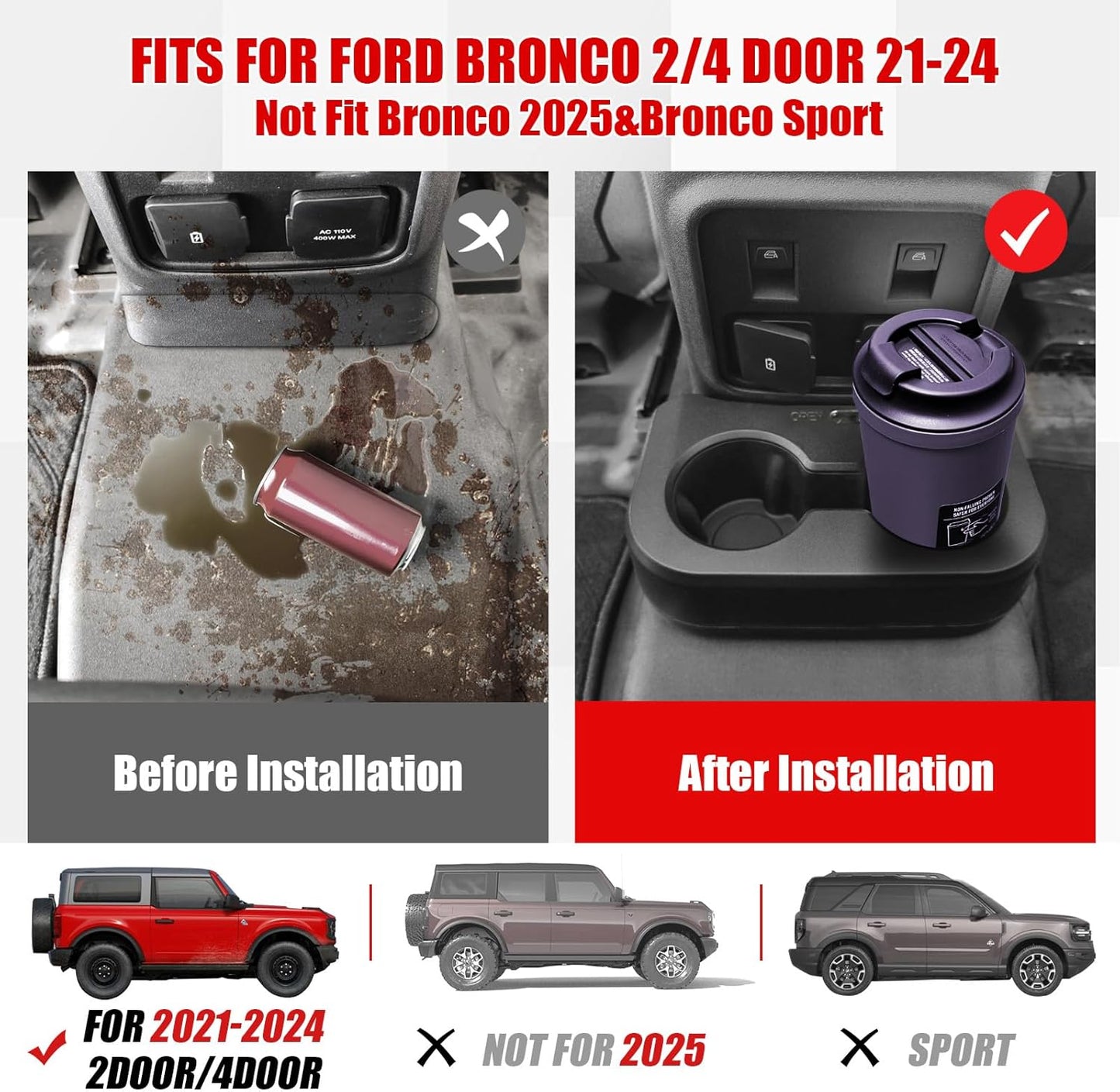Removable Rear Dual Cup Holder for 2021-2024 Ford Bronco 2/4-Door (Excludes 2025)