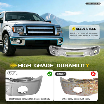 Ford F-150 Steel Chrome Front Bumper, No Fog Light Holes