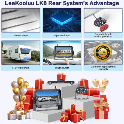 Dual RV Backup Cameras Wireless - Ease Install Plug-Play Recording HD 1080P 7'' Touch Key Monitor Trailer Truck Rear View Cam Night Vision Signal No-Delay 4 Channels for Furrion Pre-Wired Mount