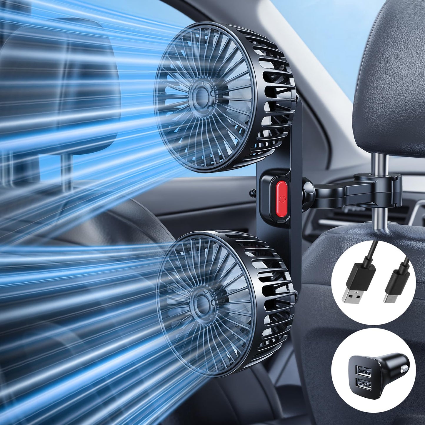 Dual-Head Car Fan for Back Seats, 360° Rotation, USB Powered