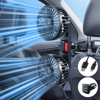 Dual-Head Car Fan for Back Seats, 360° Rotation, USB Powered