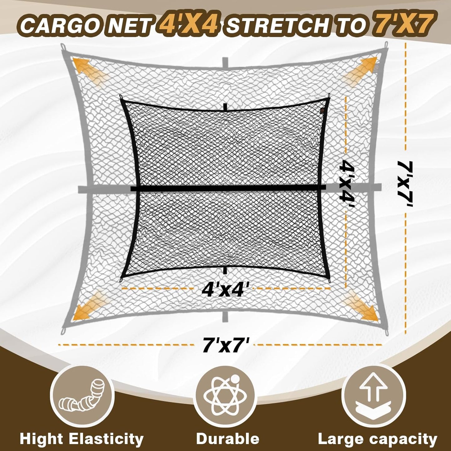 Stretchable Truck Bed Cargo Net (4'x4' to 7'x7') - Heavy Duty Carabiners for Pickup/SUV/ATV/Boat
