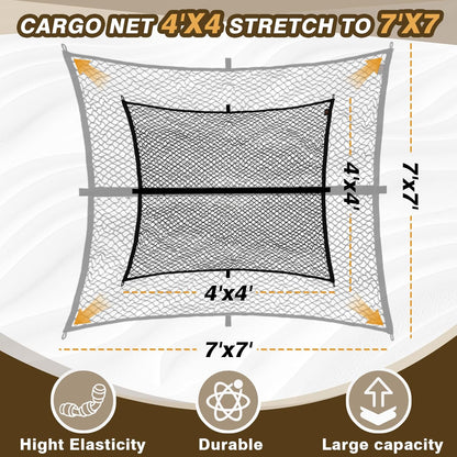 Stretchable Truck Bed Cargo Net (4'x4' to 7'x7') - Heavy Duty Carabiners for Pickup/SUV/ATV/Boat