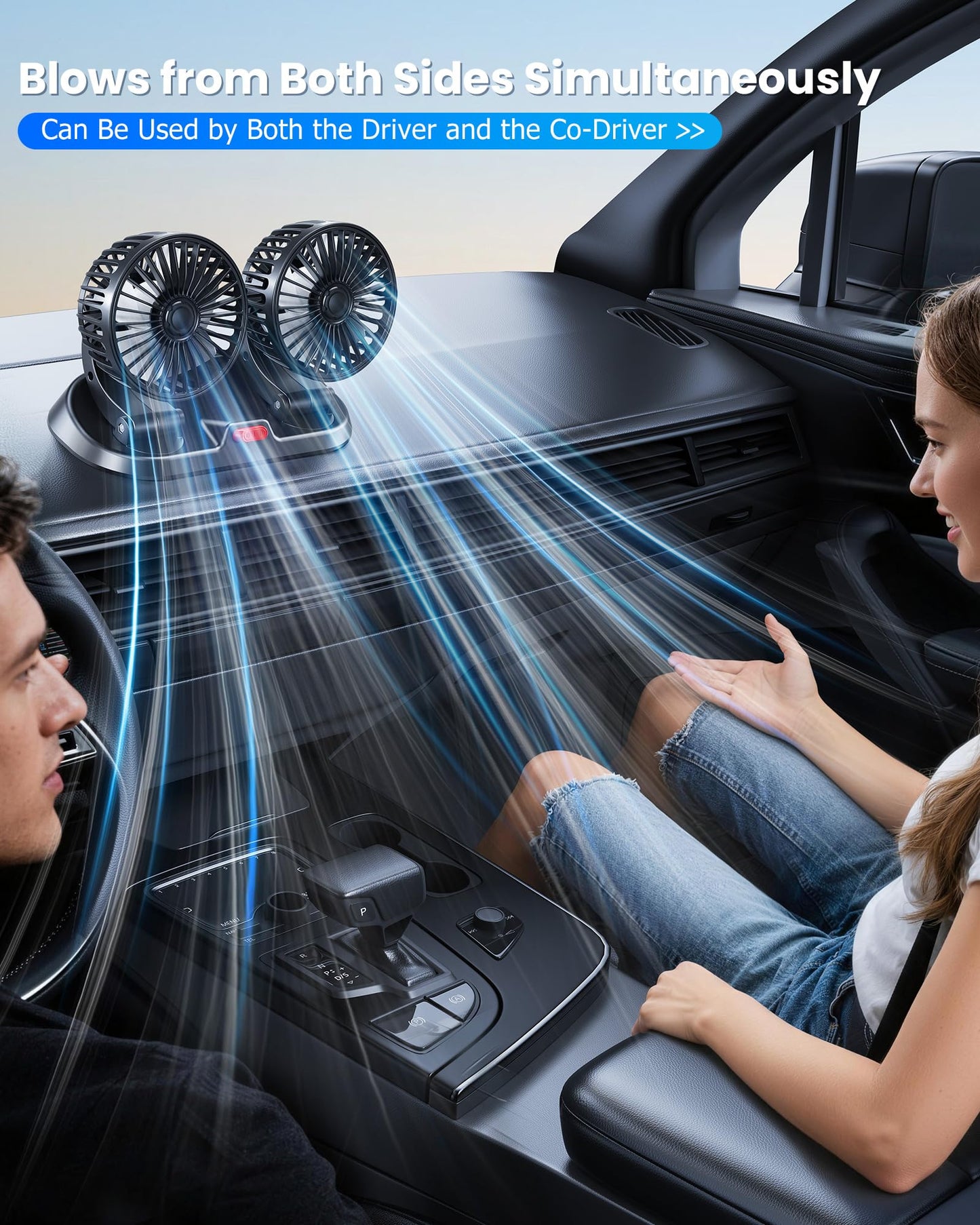 Dual-Head Car Cooling Fan, Powerful Airflow, 360° Rotation