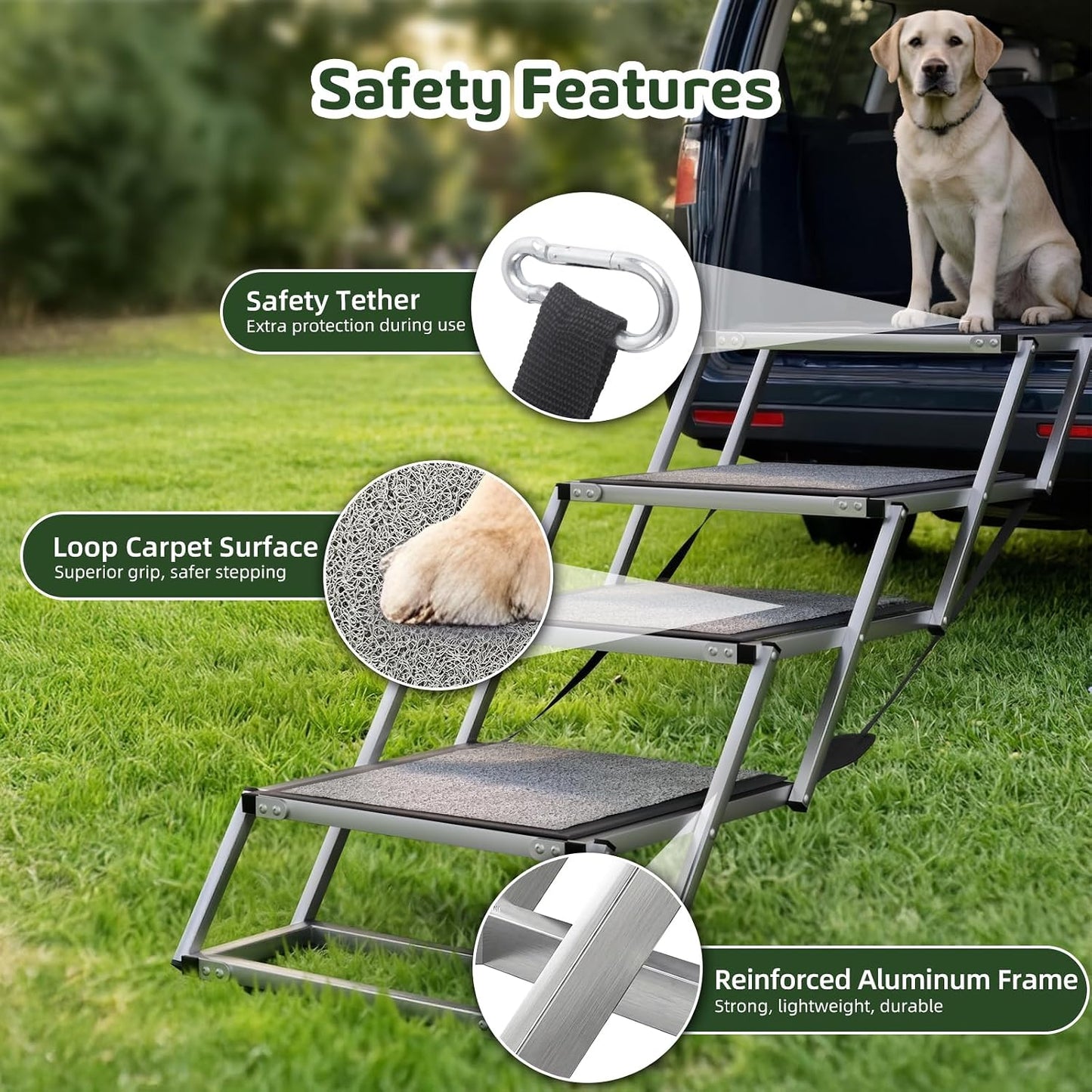 4-Step Aluminum Dog Stairs - 20" Extra Wide, 250 lb Capacity, Non-Slip for Car/SUV/Truck/Bed