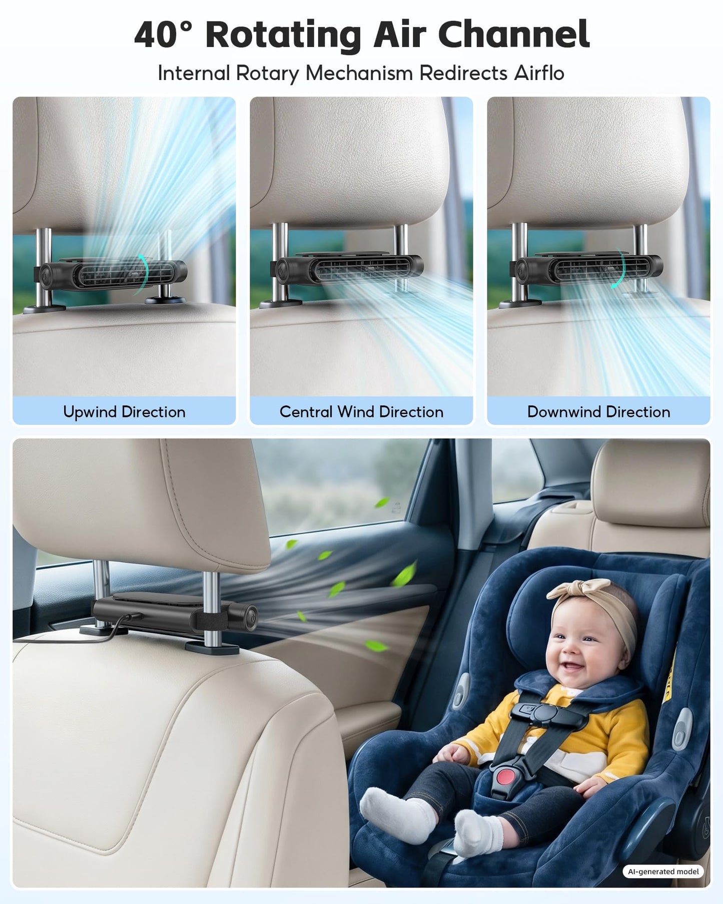 USB Car Seat Cooling Fan for Front & Backseat, Bladeless, 3-Speed