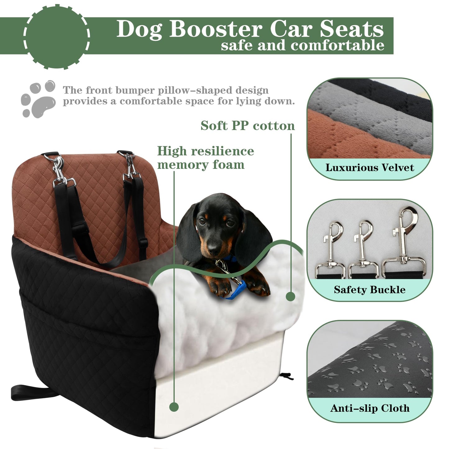 Memory Foam Dog Car Bed with Seat Belt, Non-Slip, Washable