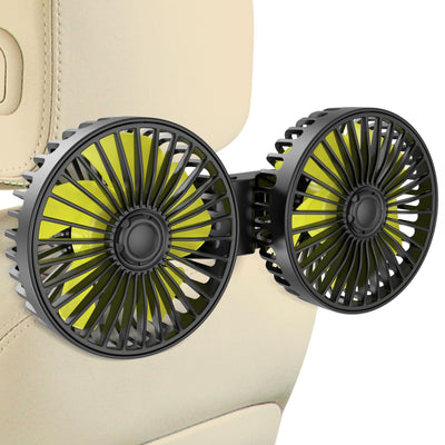 Dual Head USB Car Fan for Backseat, 3 Speeds, Adjustable Clip