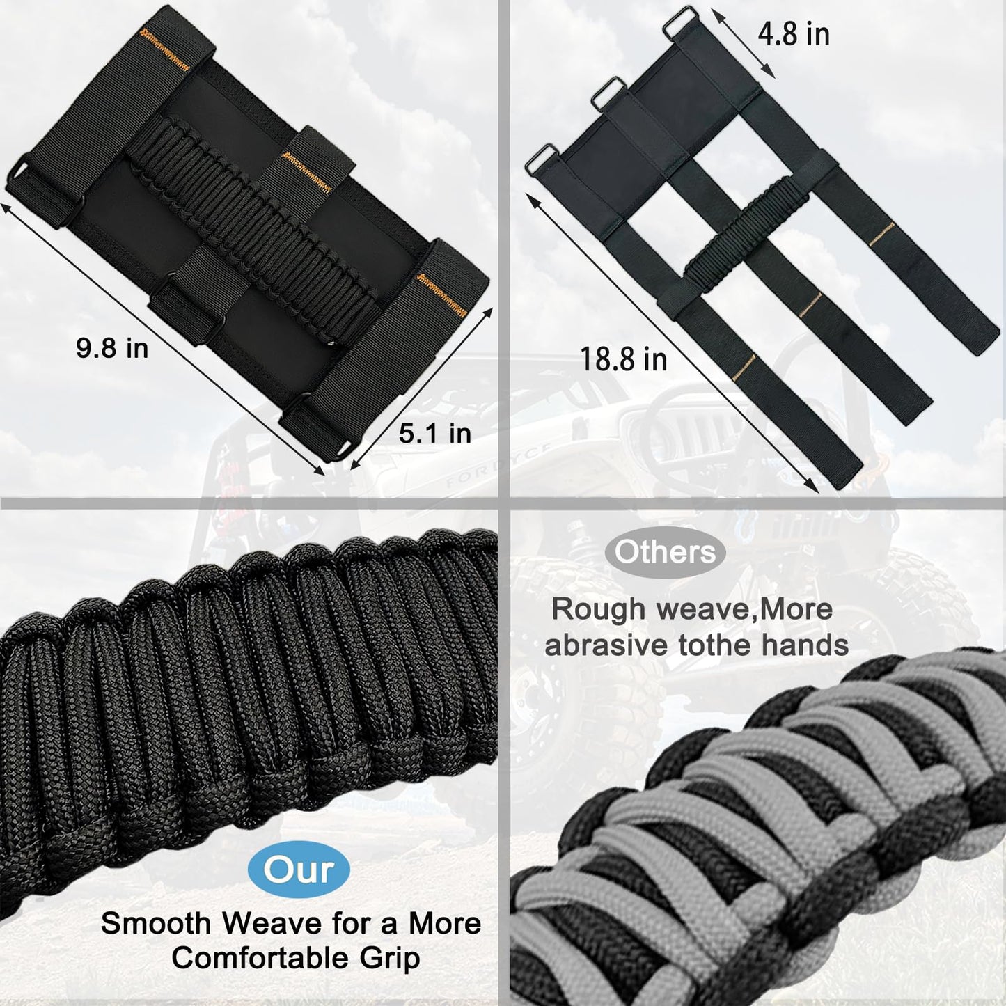 4-Pack Roll Bar Grab Handles for Jeep Wrangler & Gladiator (Excludes Sky One-Touch Roof)