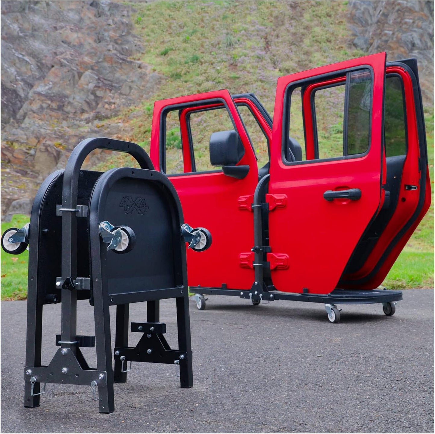 Folding Rolling Door Cart (4-Door) for Jeep Wrangler & Gladiator - Aluminum Storage Rack (Patented)