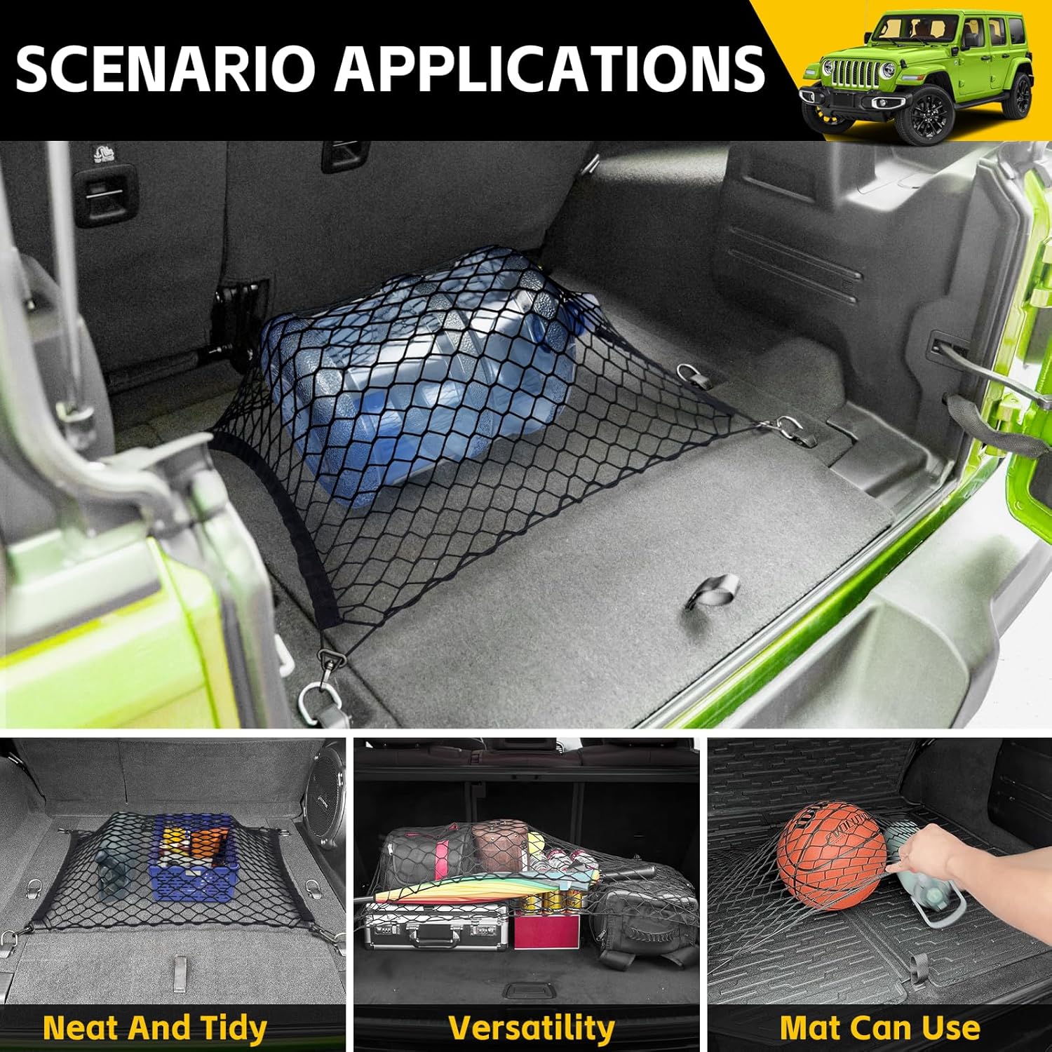 Trunk Cargo Net for 2019-2025 Jeep Wrangler JL 4XE 4 Door Trunk Organizer Net Anti-Slip Rear Mesh Cargo Netting for 19-25 Wrangler JL JLU 4XE SUV Accessories