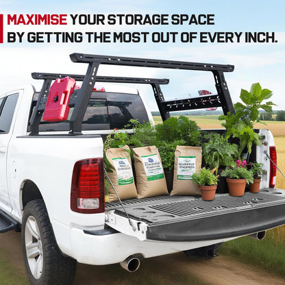 Universal Adjustable Truck Bed Rack - Overland/Contractor, 500-800 lb Capacity, No-Drill, Fits Gladiator/F-150/Tundra/Tacoma & More