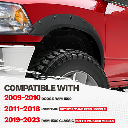 4-PCS Fender Flares for 2009-2018 Ram 1500 & 2019-2023 Classic Fleetside - Textured Black Rivet Style