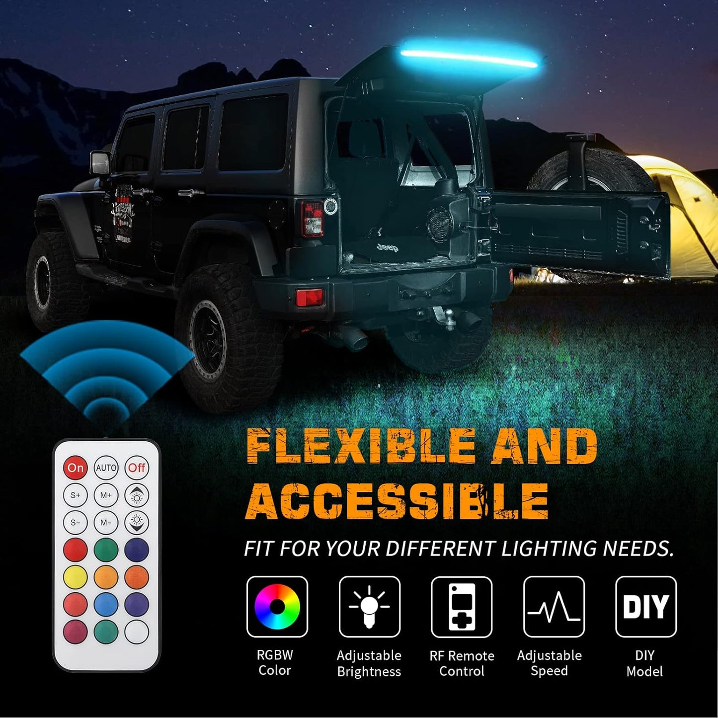 40" RGBW Rear Window Light Strip with Remote for Jeep Wrangler - Cargo & Camping