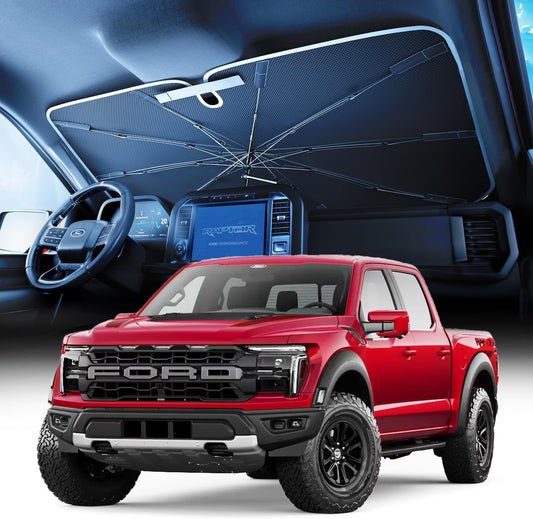 Truck Windshield Umbrella Sun Shade - Ice Crystal Coating, 99.9% UV/Heat Block for F-150/Silverado/Tundra/RAM/Sierra