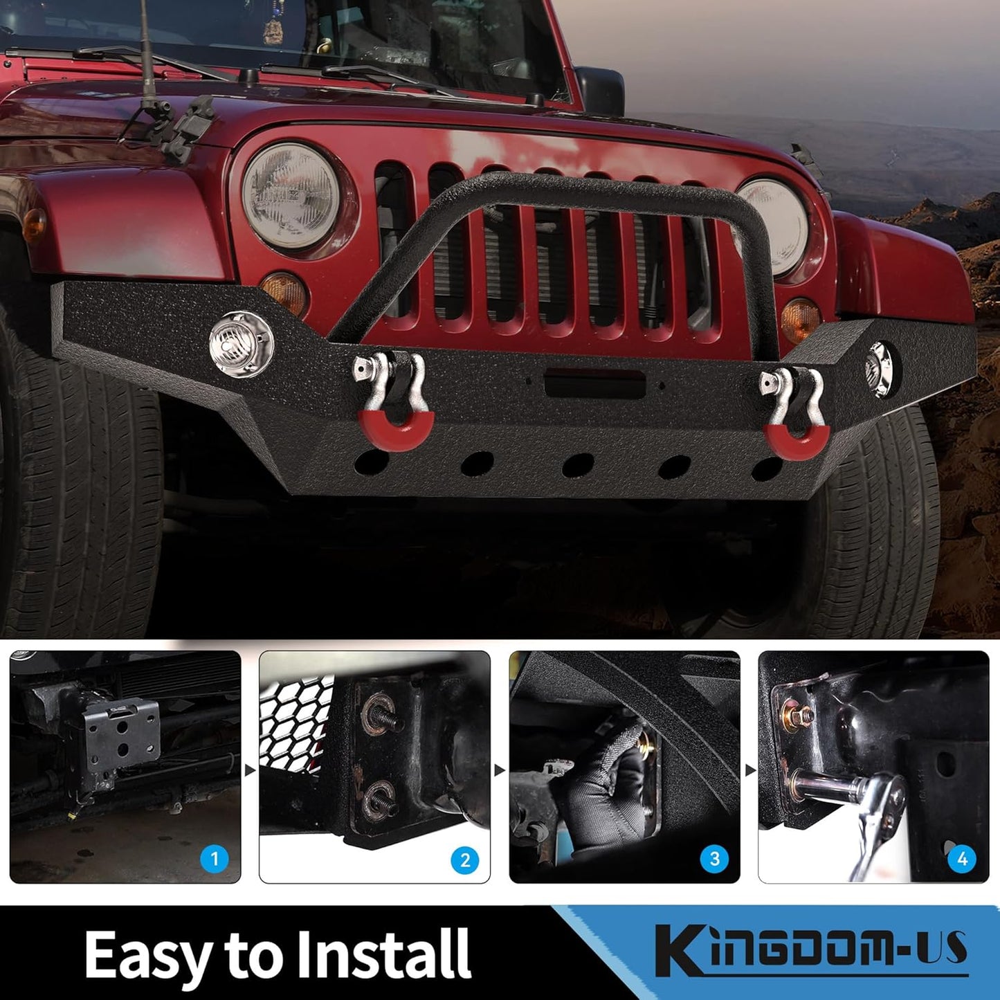 LEDKINGDOMUS Full Width Front Bumper Compatible with 07-18 Jeep Wrangler JK and JK Unlimited Rock Crawler With Fog Lights Hole, Winch Plate Black Textured