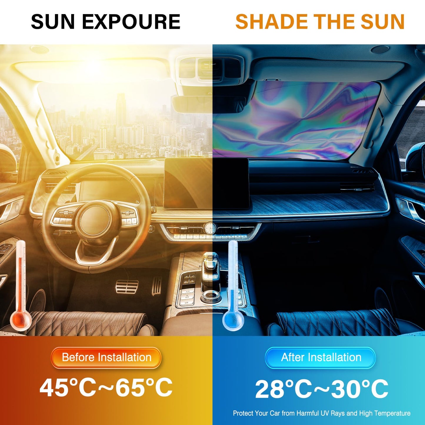 Iridescent Foldable Car Windshield Sun Shade, UV Reflective Visor