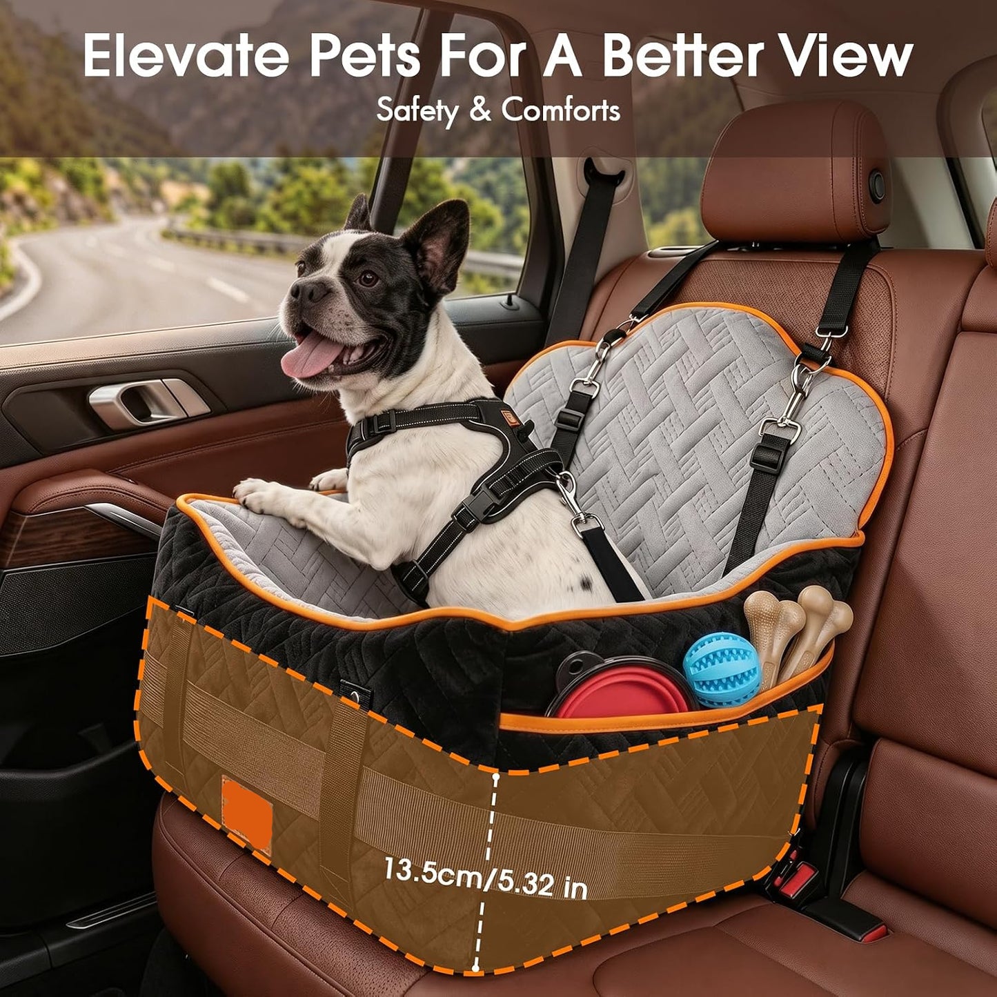 5.3" Memory Foam Dog Booster Seat - 35 lb Capacity, Dual Safety Leashes, Removable Cover (Black)