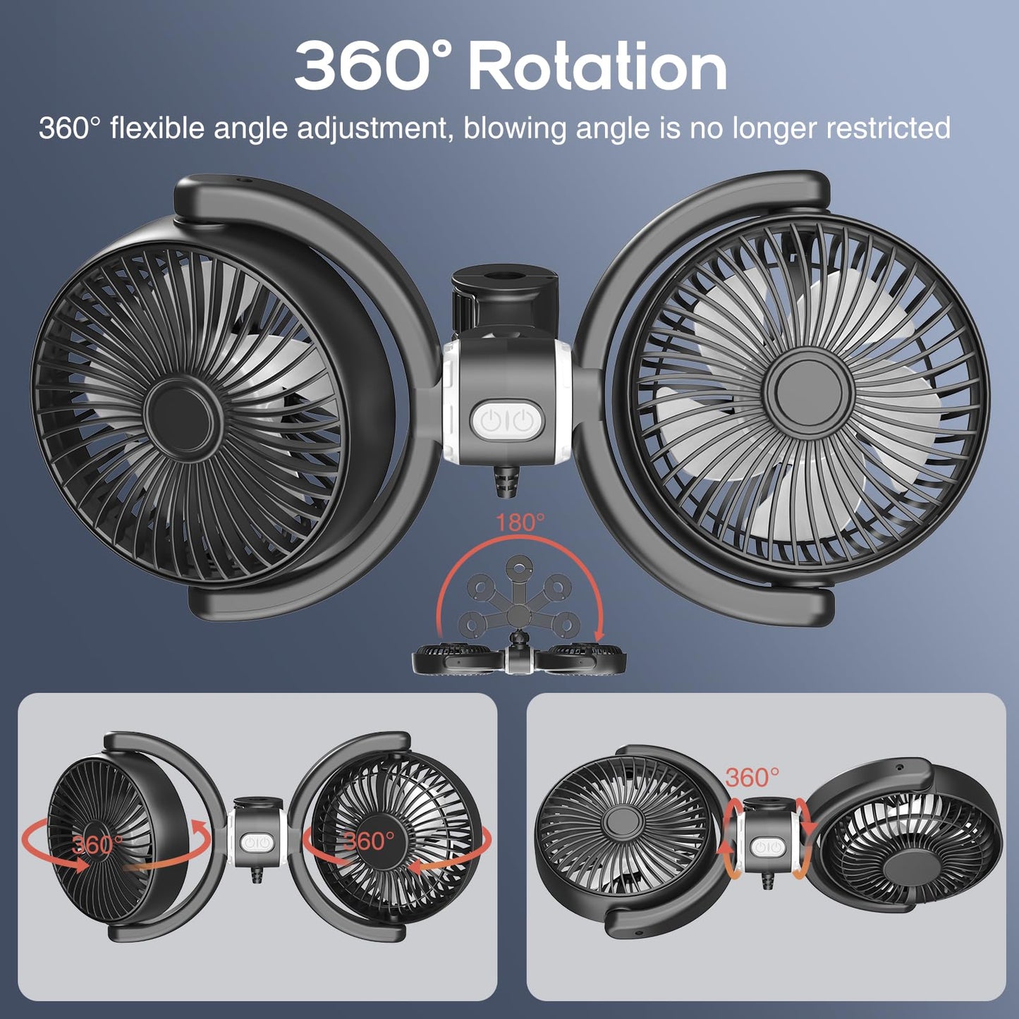 Dual Head USB Car Fan for Backseat, 3-Speed Circulation Cooling