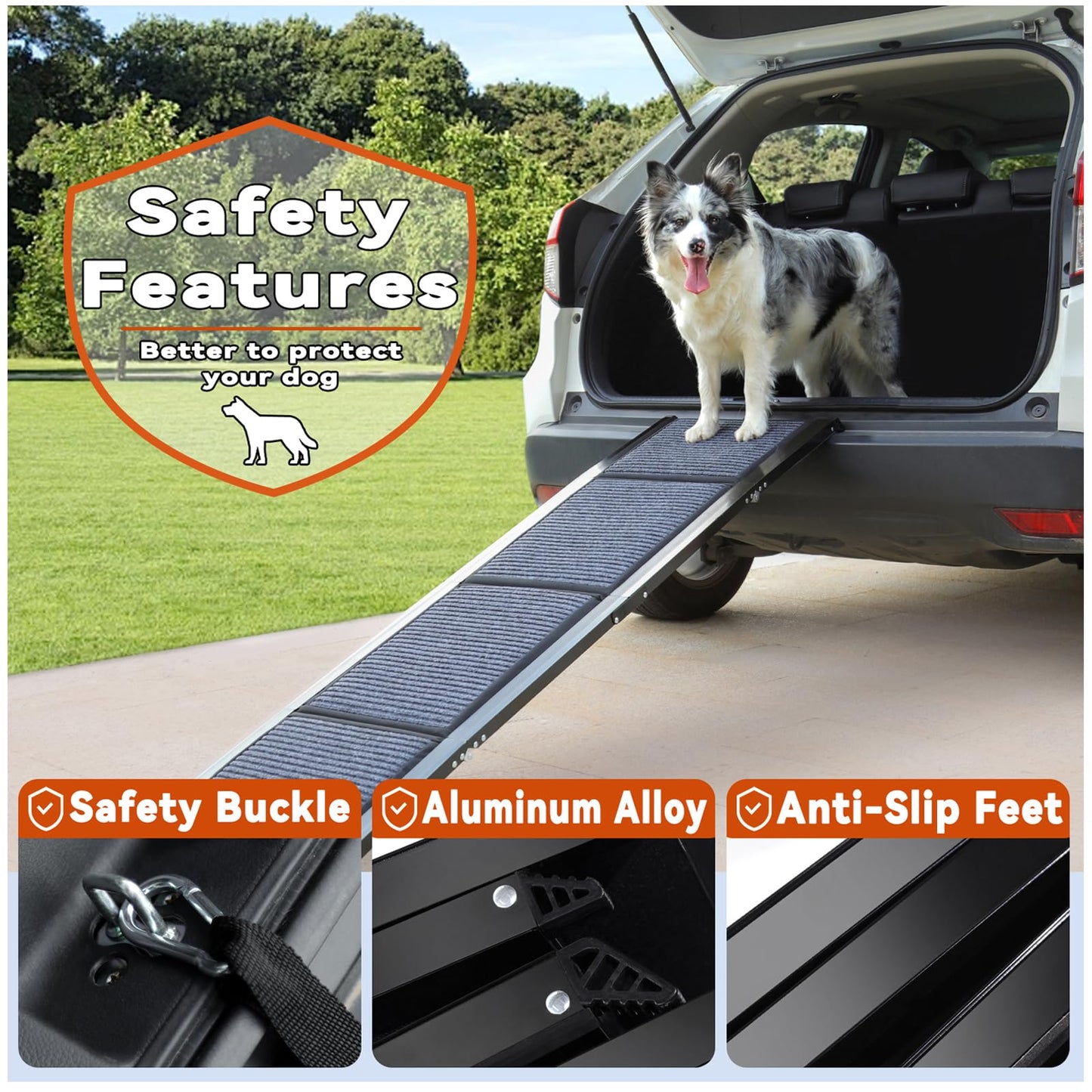 63"x17" Foldable Dog Ramp - 200 lb Capacity, Non-Slip Rug Surface for Large Dogs (Car/SUV/Truck)