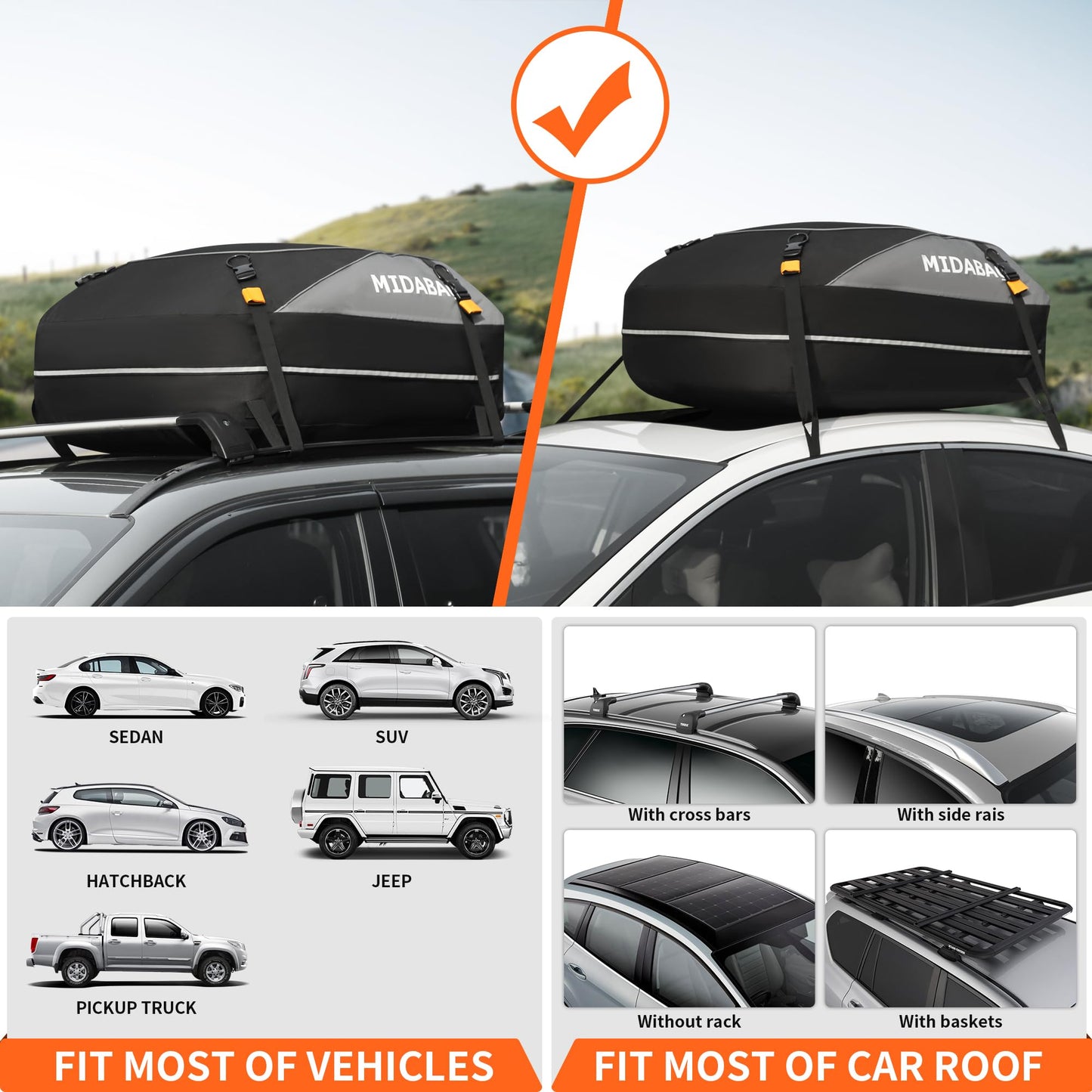 20ft³ Waterproof Rooftop Cargo Bag - Coated Zippers, Anti-Slip Mat, Works w/wo Roof Racks