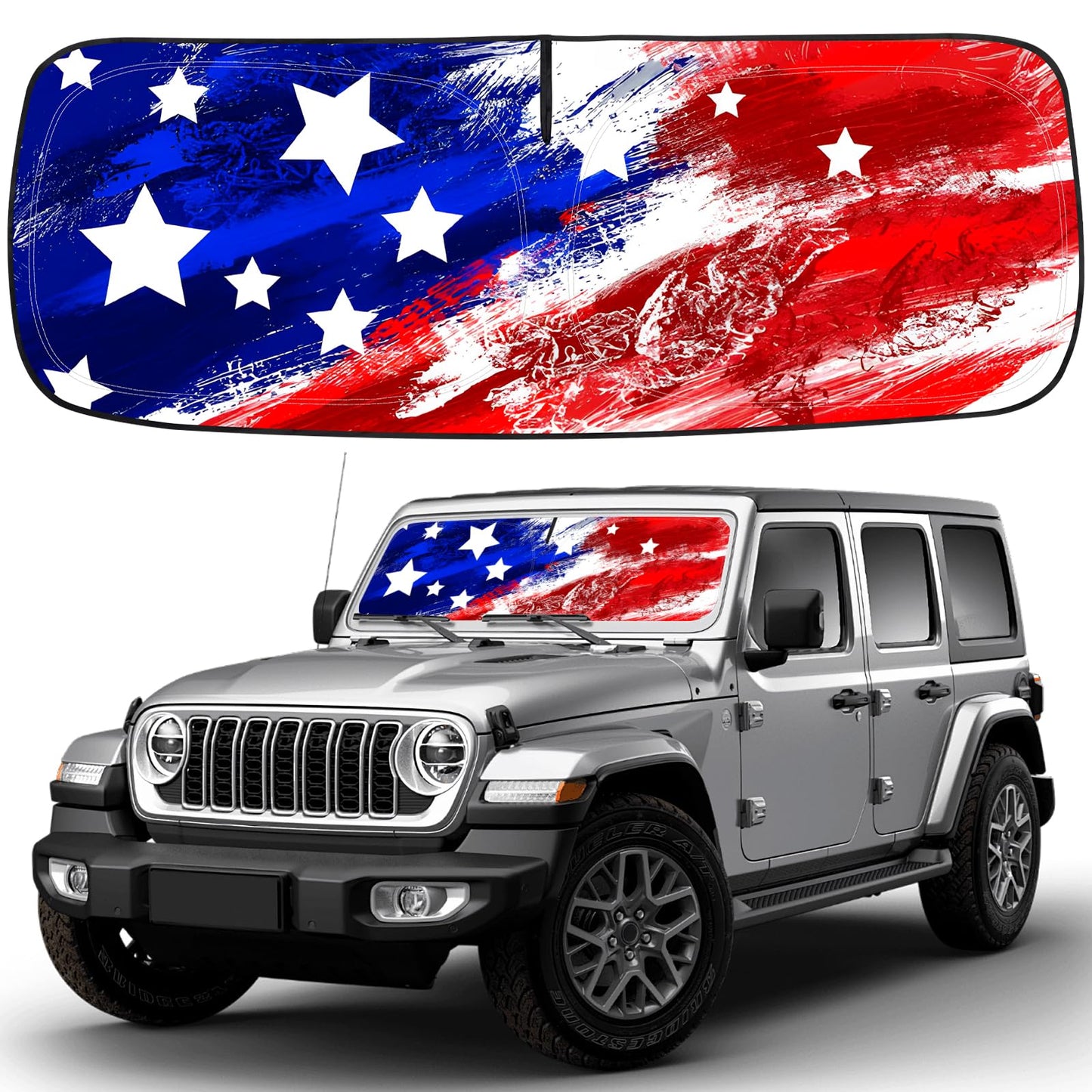 USA Flag Windshield Sun Shade for 1997-2025 Jeep Wrangler & Gladiator - UV Protection