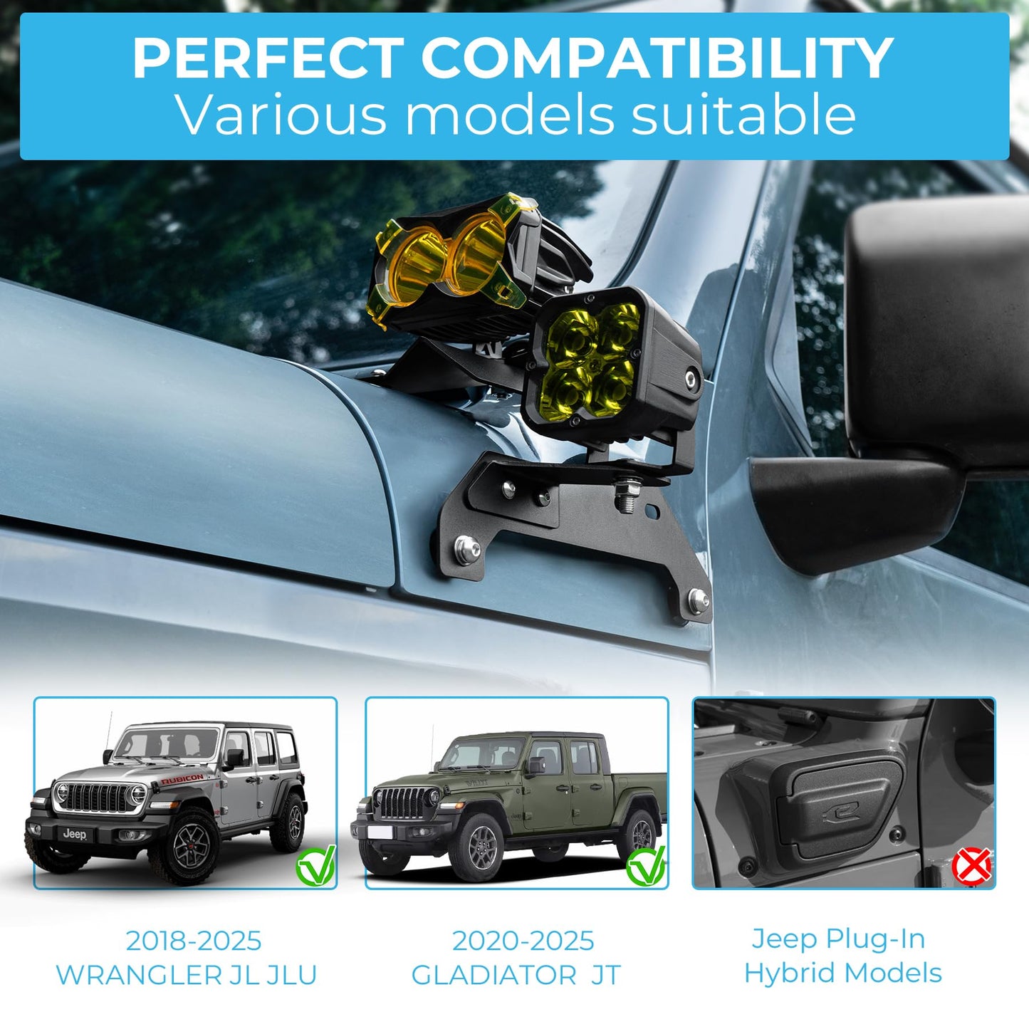 Dual A-Pillar Light Mounts for 2018-2025 Jeep JL & Gladiator JT (Excludes 4XE/Mojave/392)