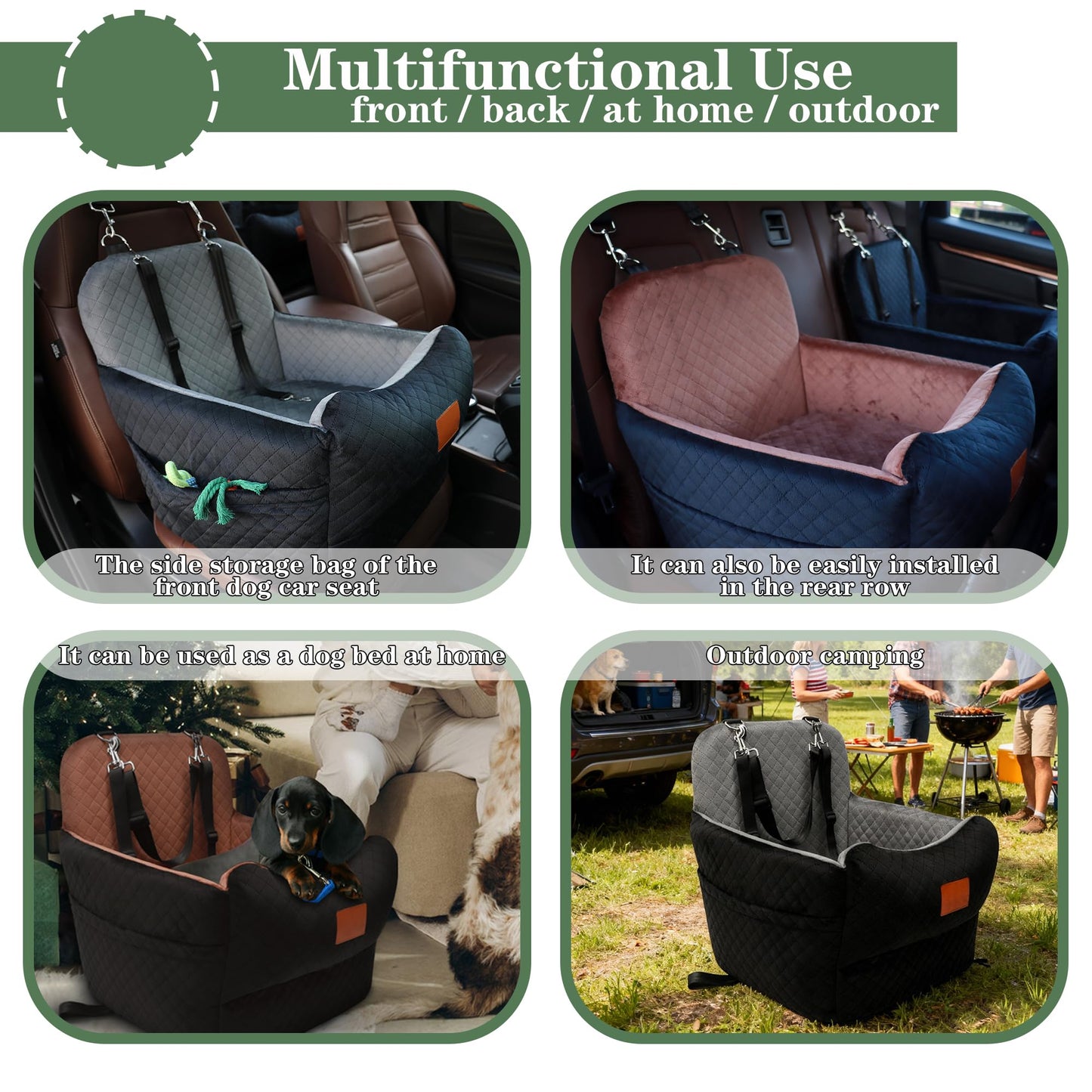 Memory Foam Dog Car Bed with Seat Belt, Non-Slip, Washable