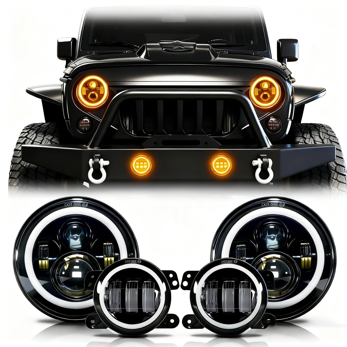 7 Inch Round LED Headlights with Halo & Amber Turn Signal + 4 Inch LED Fog Lights