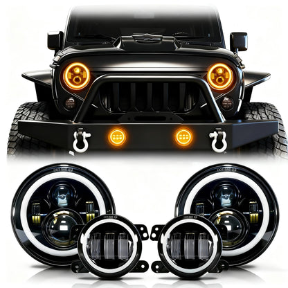 7 Inch Round LED Headlights with Halo & Amber Turn Signal + 4 Inch LED Fog Lights