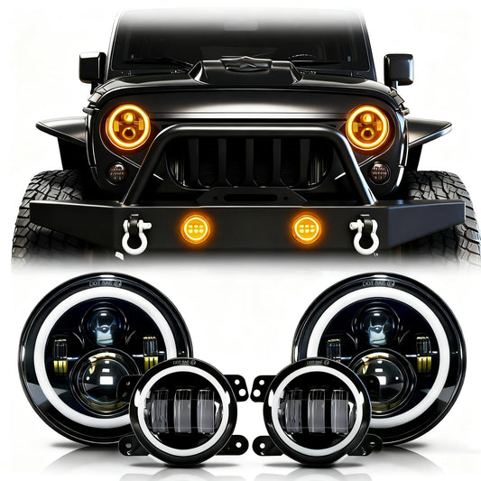 7 Inch Round LED Headlights with Halo & Amber Turn Signal + 4 Inch LED Fog Lights