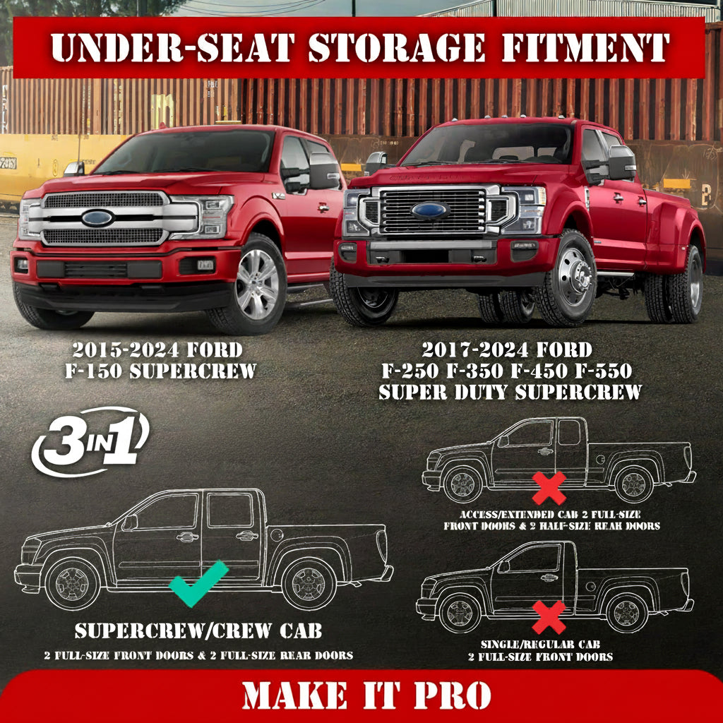 KitsPro Black Rear Underseat Storage Custom Fit 2017-2024 Ford F-250 F-350 F-350 Super Duty and 2015-2024 Ford F-150 SuperCrew Crew Cab Heavy Duty Rear Under Back Seat Box Organizer, Anti Slip
