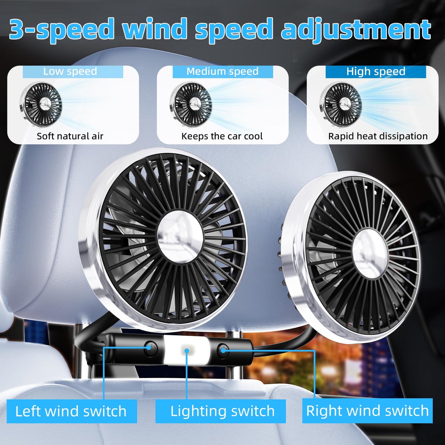USB Car Back Seat Fan with Light, 3-Speed Cooling for Vehicle