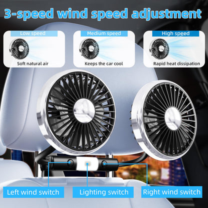 USB Car Back Seat Fan with Light, 3-Speed Cooling for Vehicle