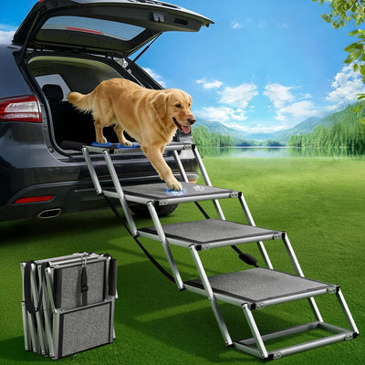 4-Step Aluminum Dog Stairs - 20" Extra Wide, 250 lb Capacity, Non-Slip for Car/SUV/Truck/Bed