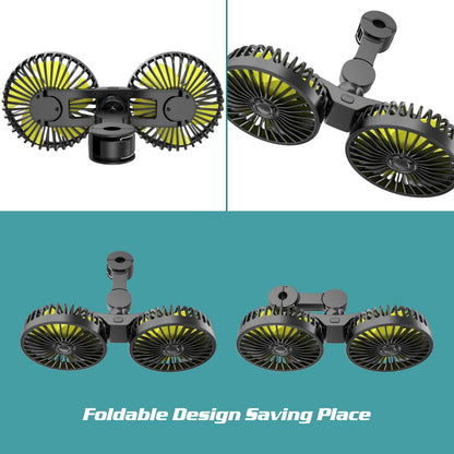 Dual Head USB Car Fan for Backseat, 3 Speeds, Adjustable Clip
