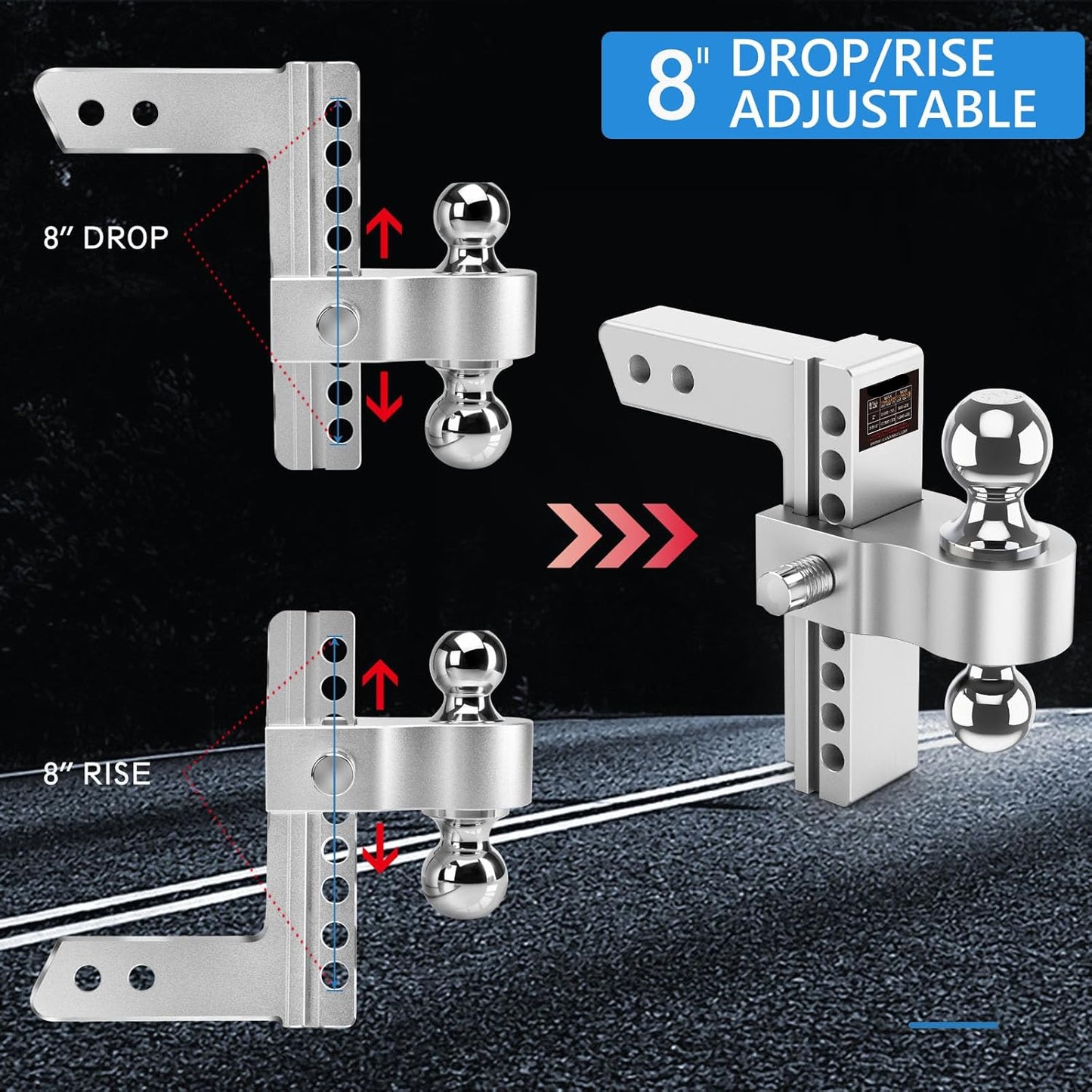 8" Adjustable Drop Hitch for 2" Receiver - 12,500 lb GTW, Chrome Balls (2"/2-5/16"), 2 Anti-Theft Locks