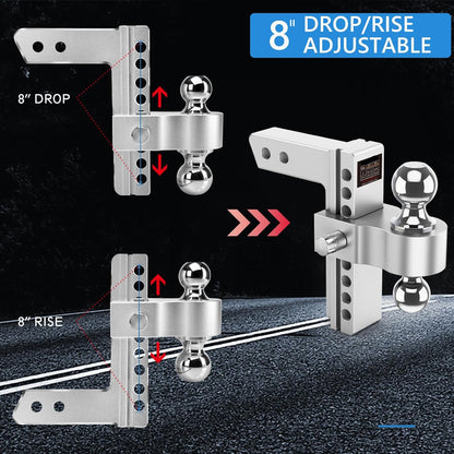 8" Adjustable Drop Hitch for 2" Receiver - 12,500 lb GTW, Chrome Balls (2"/2-5/16"), 2 Anti-Theft Locks