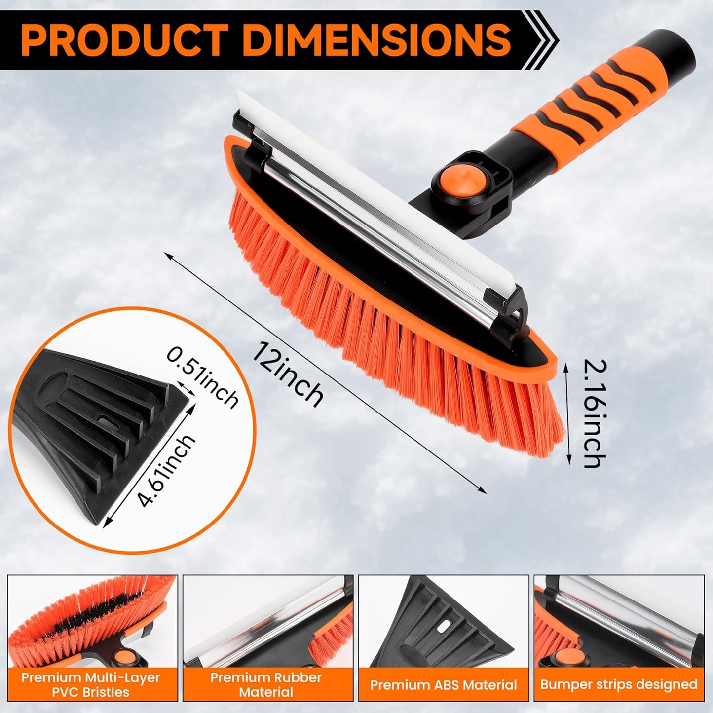 43" 3-in-1 Extendable Snow Brush - 180° Pivot, Squeegee & Ice Scraper (Black/Orange)