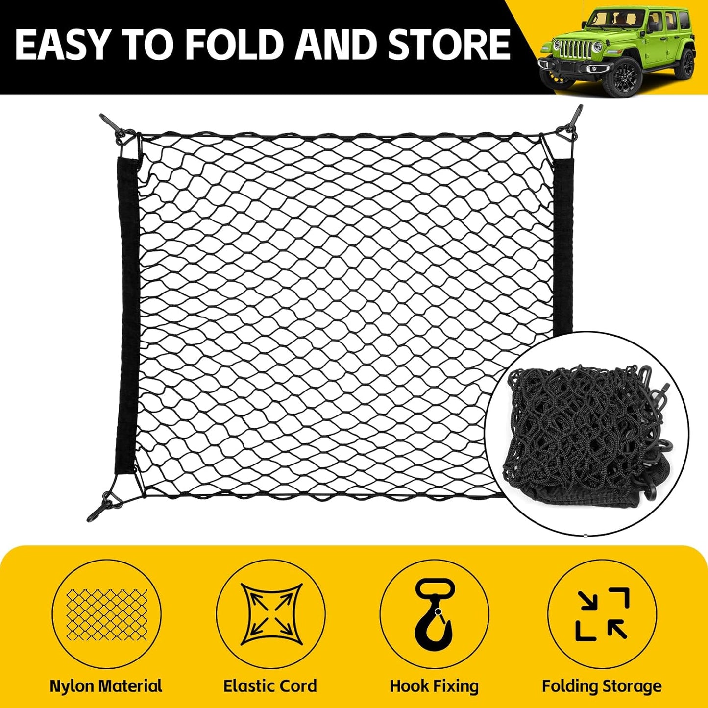 Trunk Cargo Net for 2019-2025 Jeep Wrangler JL 4XE 4 Door Trunk Organizer Net Anti-Slip Rear Mesh Cargo Netting for 19-25 Wrangler JL JLU 4XE SUV Accessories