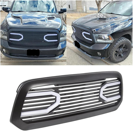 ECOTRIC Front Grill Compatible With 2013-2018 Dodge RAM 1500 (Black W/Light) Big Horn Bumper Grille Replacement Shell