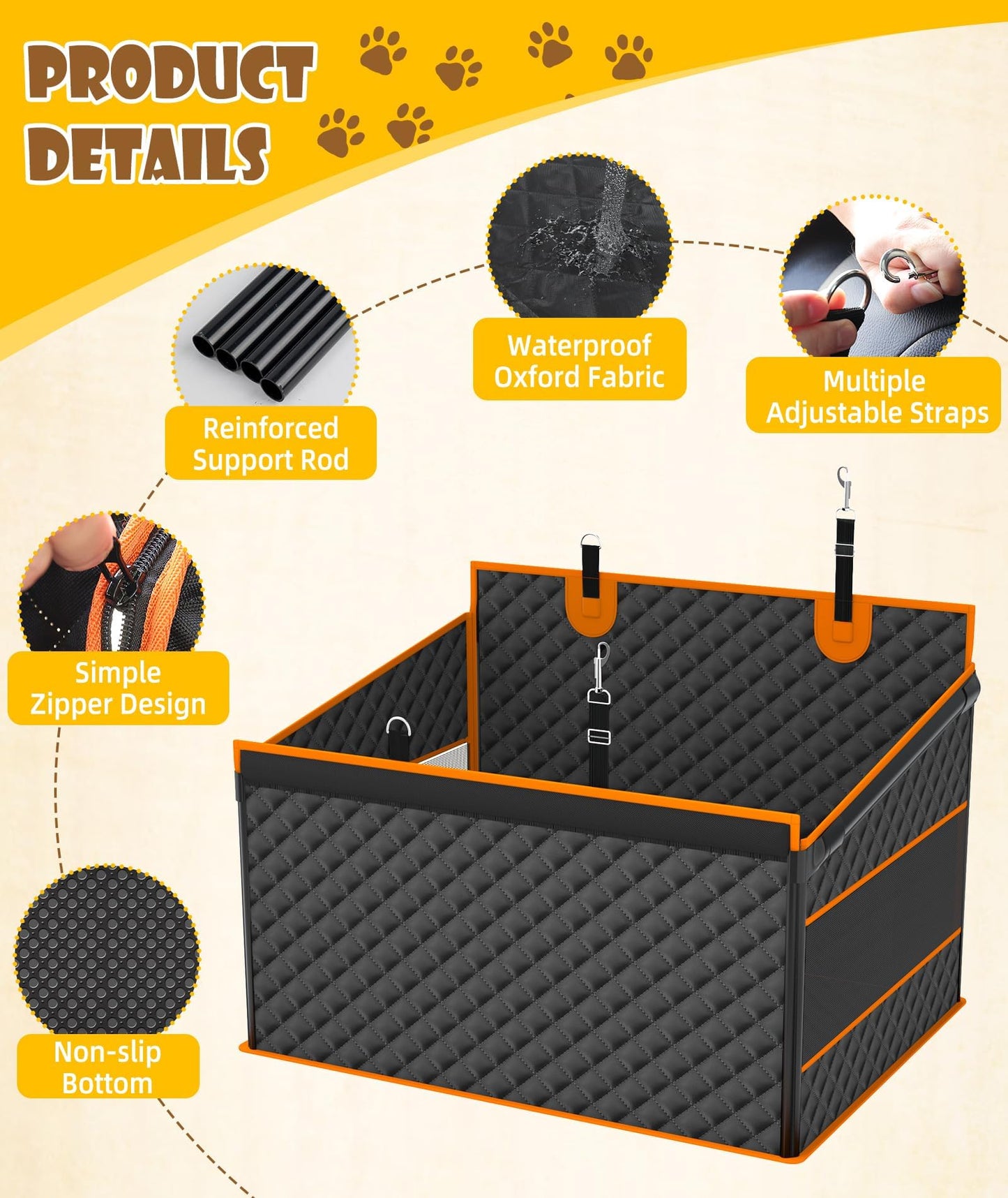 Back Seat Extender w/Storage Pockets - Waterproof Oxford Fabric for Large/Medium Dogs (Black)