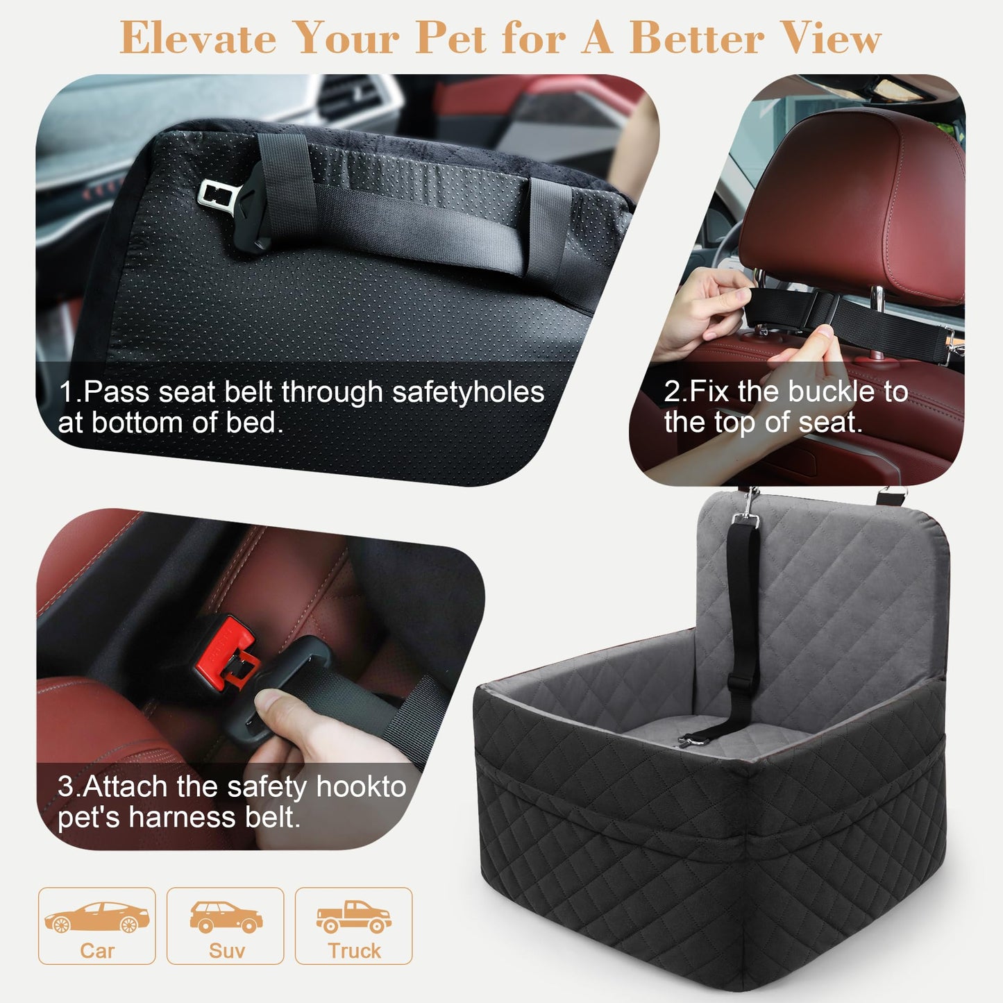 Elevated Dog Booster Seat (15-35 lbs) - Soft 4+2" Pads, Removable Cover, Safety Belt, Storage Pockets