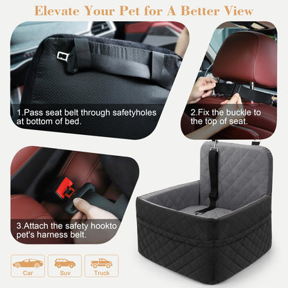 Elevated Dog Booster Seat (15-35 lbs) - Soft 4+2" Pads, Removable Cover, Safety Belt, Storage Pockets