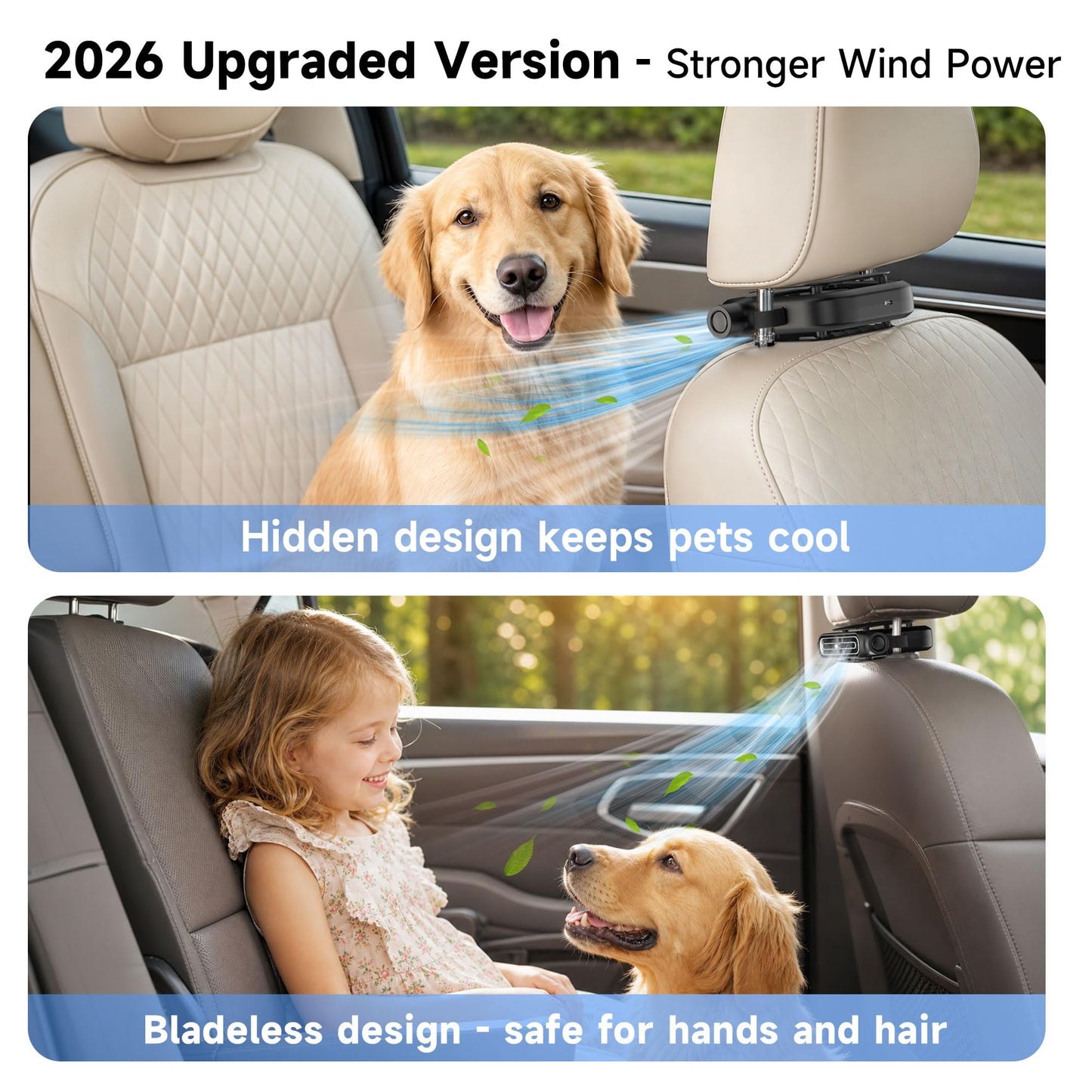 Backseat Car Fan, USB Headrest Cooling for Kids