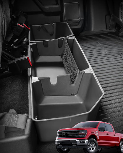 Rear Underseat Storage Box for 2015-2026 Ford F-150 SuperCrew & F-Series - w/Detachable Bin & Mesh Net