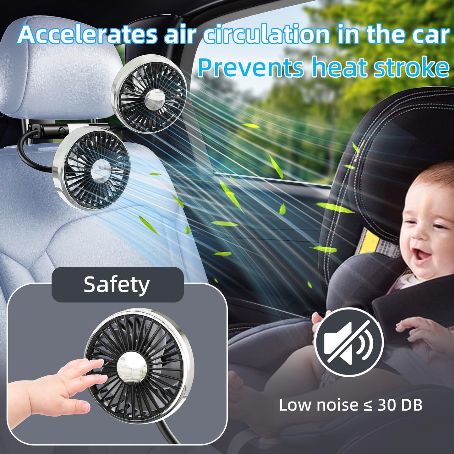 USB Car Back Seat Fan with Light, 3-Speed Cooling for Vehicle